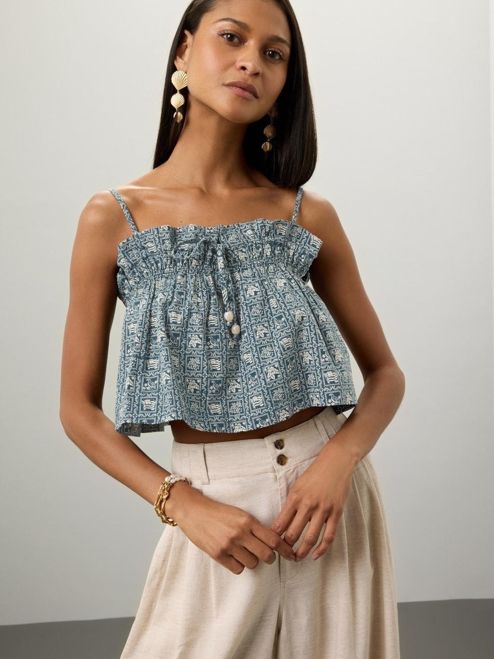 En Saison Lola Cotton Tie-Front Cottagecore Crop Top NWT (Missing Tie String) S
